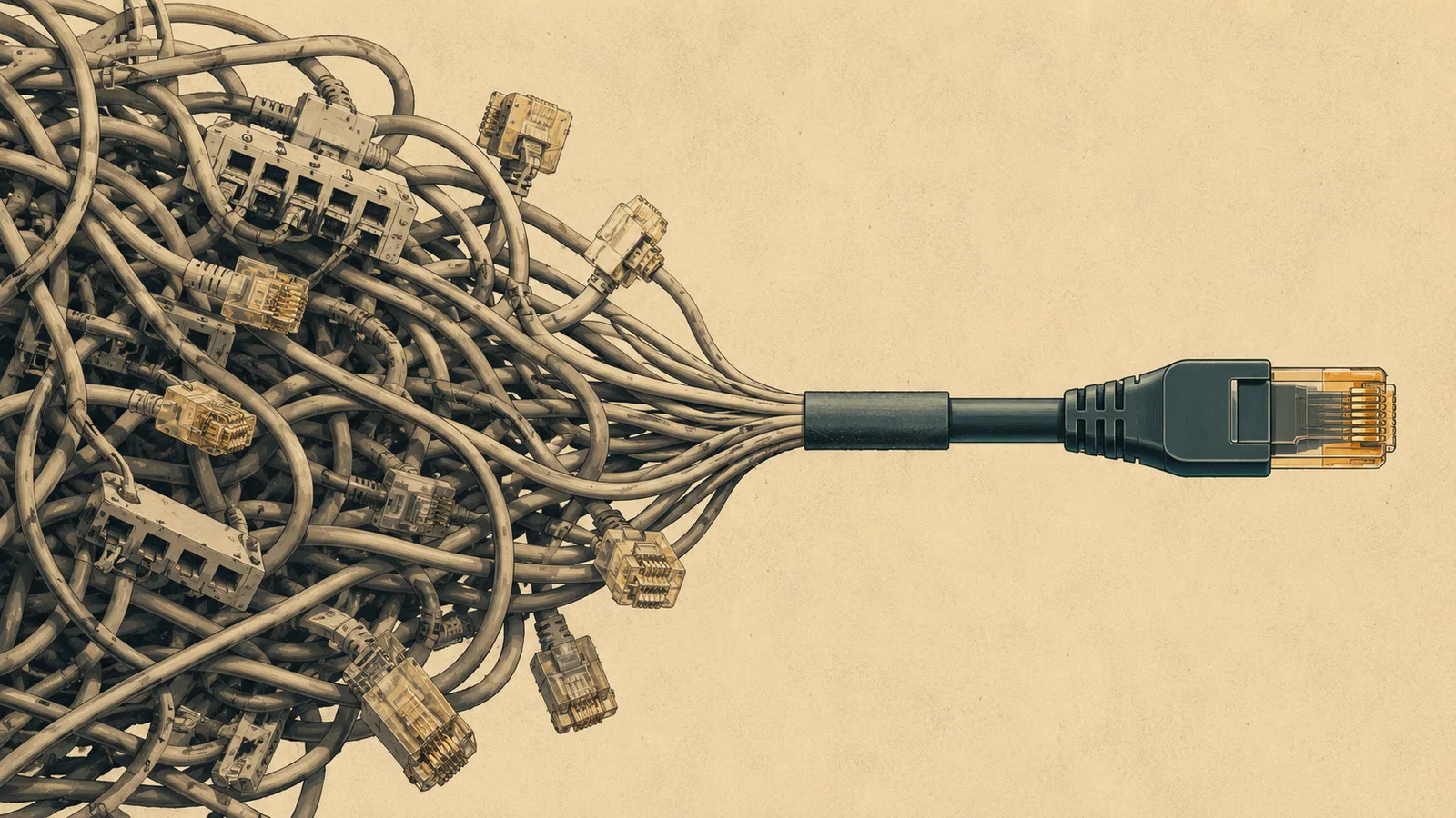 A tangle of old network cables on the left, merging into one clean modern connector on the right.