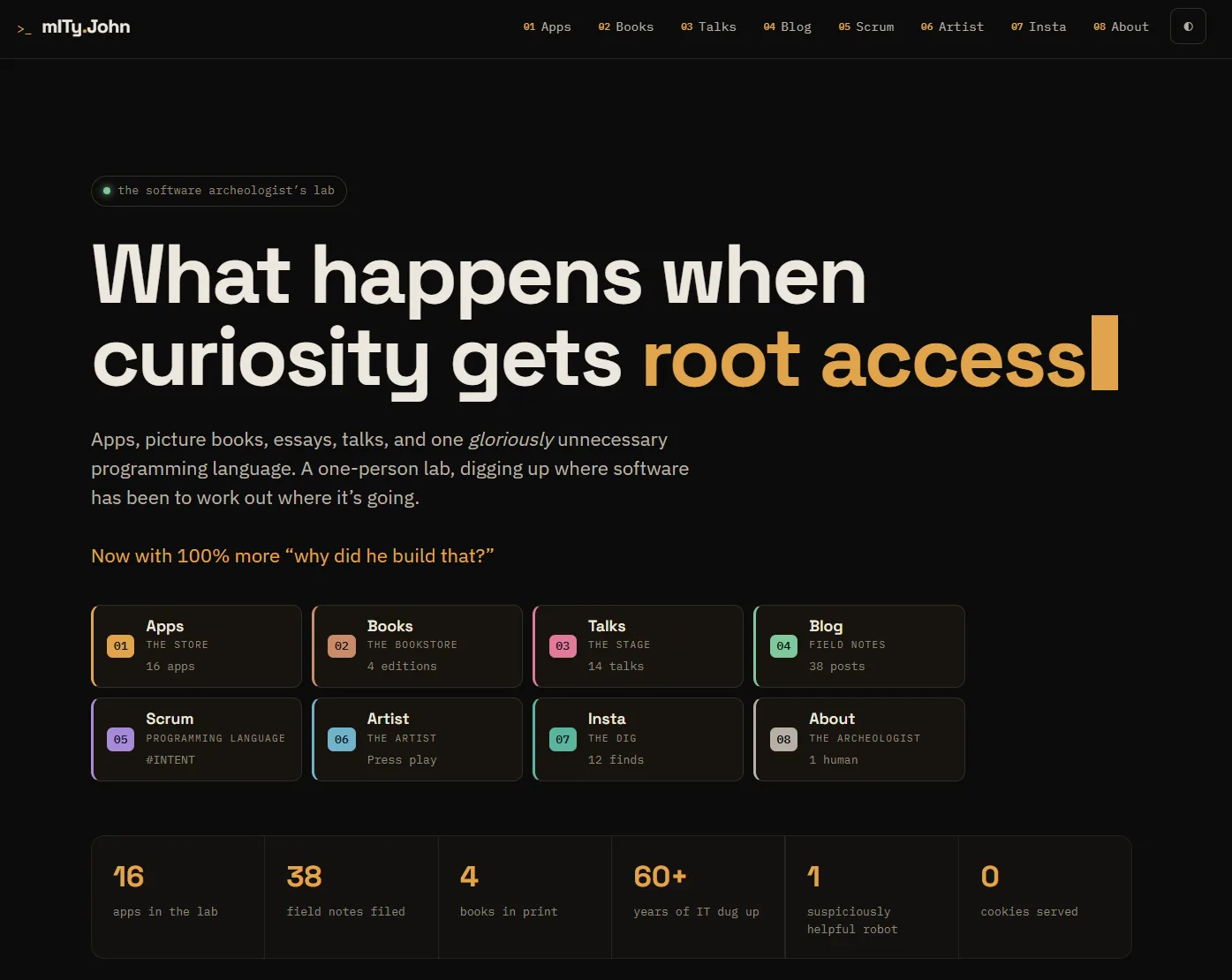 The homepage of the rebuilt mityjohn.com, with the headline 'What happens when curiosity gets root access' above eight numbered level cards and a row of counters.