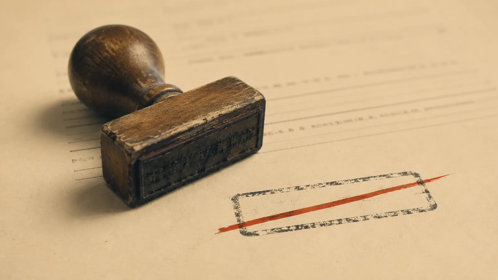 A worn wooden rubber stamp lying on a form, beside its own impression, which has been struck through with a single red line.