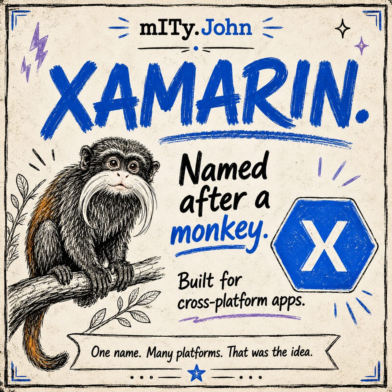 Xamarin sounds like a mysterious framework from a sci-fi lab.

Reality?

It was named after a monkey.

More precisely: the tamarin monkey.
The “T” became an “X”, keeping the playful naming tradition around Ximian, Mono, and the wider .NET ecosystem.

And honestly, it fits.

Xamarin’s mission was all about movement:
one codebase, multiple platforms, iOS and Android, C Sharp and .NET trying to keep everyone in the same tree.

Was it perfect?
No.

Was cross-platform mobile development ever peaceful
