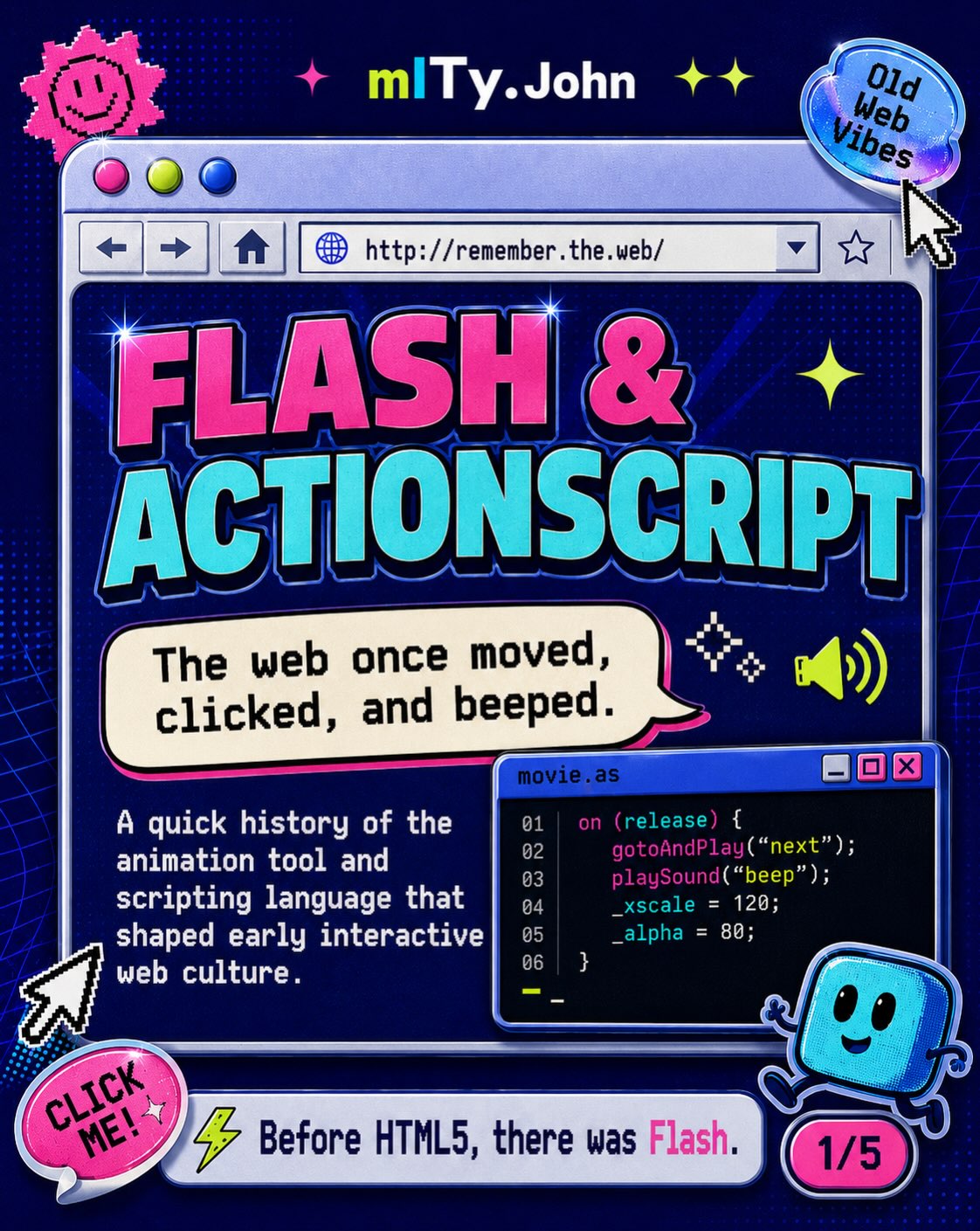 Flash & ActionScript once made the web move.

Before HTML5 became the default answer to everything, Flash was everywhere.

Animations.
Browser games.
Interactive menus.
Cartoons.
E-learning.
Tiny loading bars that somehow felt like an event.

Flash started life in 1996 as FutureSplash Animator.
Later that year, Macromedia acquired it and renamed it Flash.

Then came the scripting.

First simple actions.
Then ActionScript.
Then ActionScript 2.0.
Then ActionScript 3.0, where Flash stopped being “j