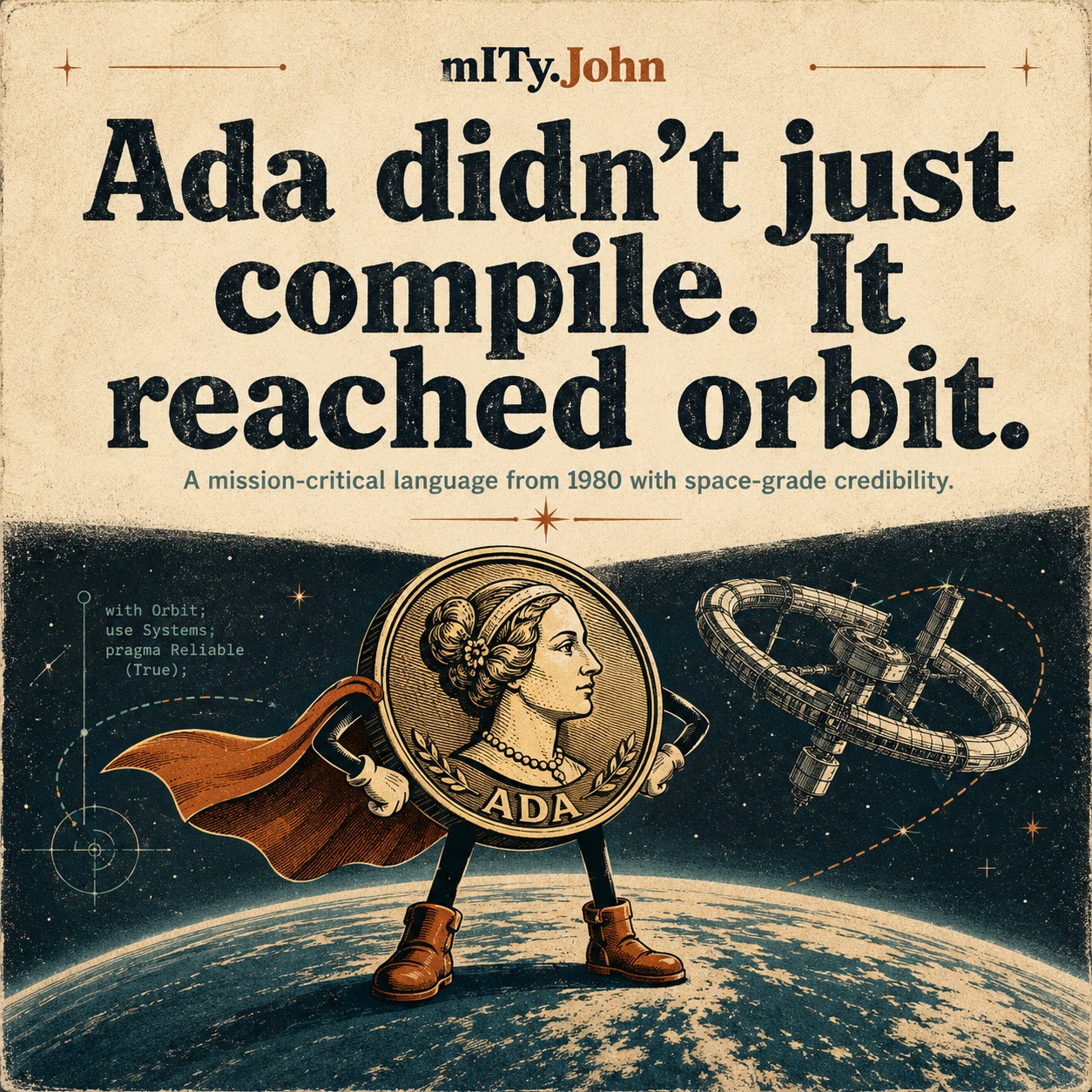 Some programming languages become trendy.
Ada became trusted.

Built in the early 1980s, named after Ada Lovelace, and designed for systems where “oops, runtime surprise” is not exactly a feature.

Ada was created with reliability, strong typing, safety and maintainability in mind. That made it a natural fit for mission-critical domains like defense, avionics, aerospace and space-station software.

In 1995, Ada 95 became an international standard: ISO/IEC 8652:1995.

Or, in less formal terms:

A