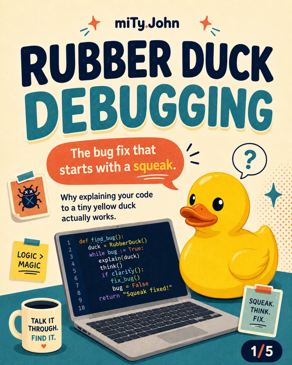 Rubber duck debugging sounds ridiculous.

And that is exactly why it works.

The idea is simple:
you explain your code, line by line, to a rubber duck.

The duck says nothing.
The duck judges nothing.
The duck has no sprint planning after this.

But while explaining the problem out loud, something strange happens.

Your brain slows down.
Your assumptions become visible.
That vague “it should work” turns into actual logic.

And suddenly you hear it:

“Wait… why am I passing null there?”
“Why did 