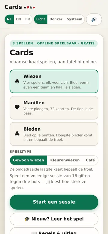 Het startscherm van Cards op gsm: drie speltegels en één grote startknop